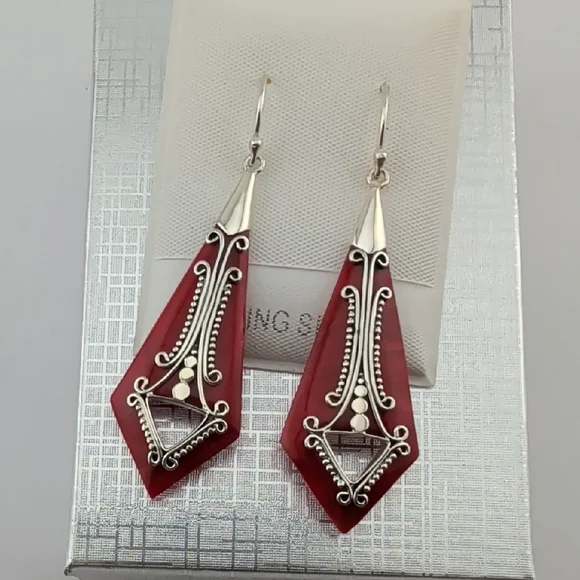 Coral And Sterling Silver Filigree Dangle Drop Earrings - Picture 6 of 6